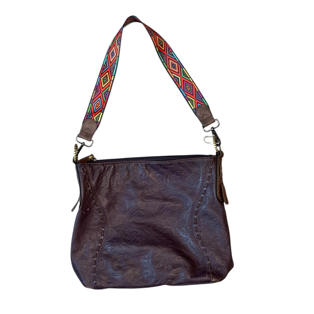 Brown Embossed Shoulder Bag With Colorful Geometric Strap Laura Ashley